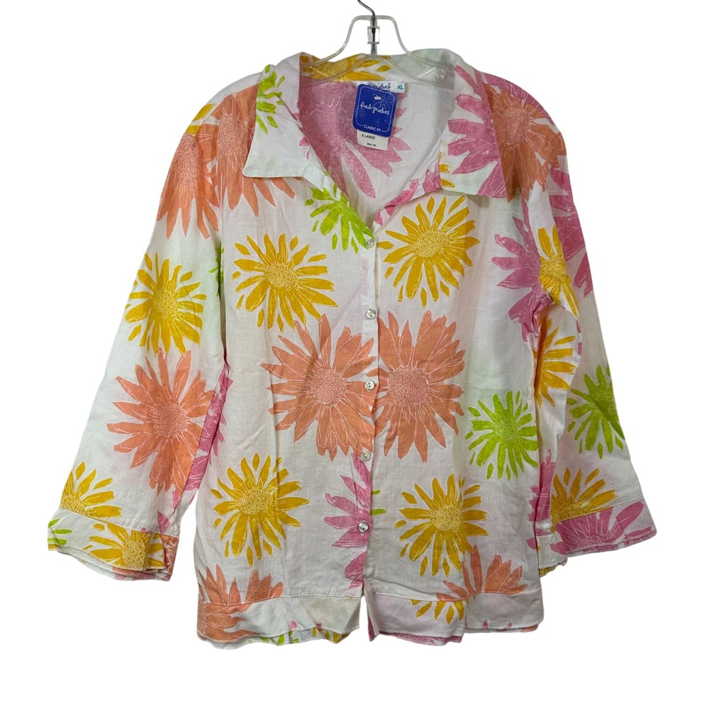 Fresh Produce Linen Button Up Shirt XL Citrus Flower Pink Floral Made in USA NWT